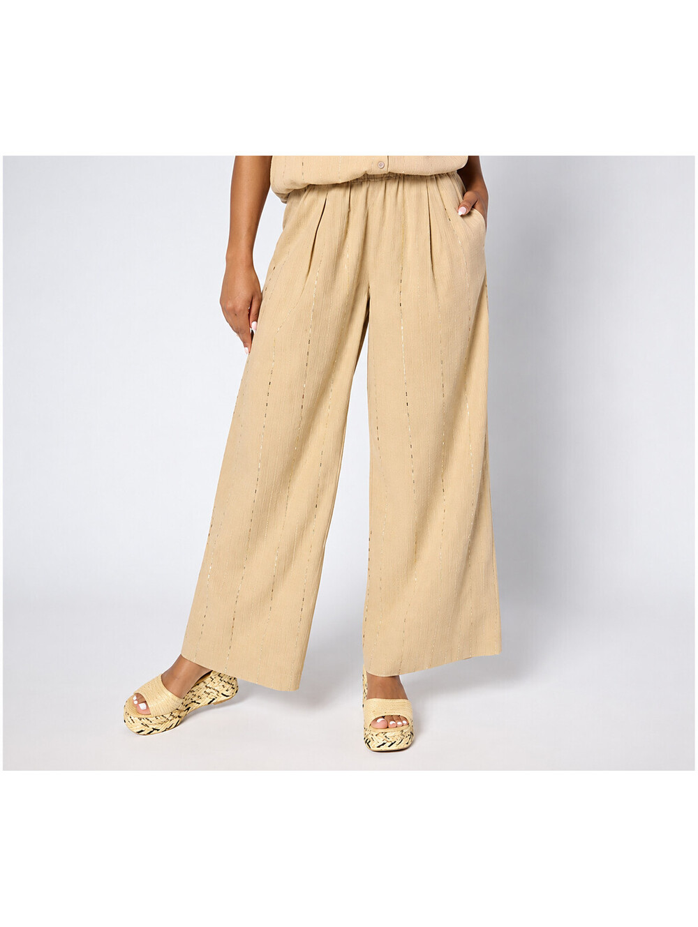 LOGO by Lori Goldstein Regular Cotton Full Length Wide Leg Pant Safari Tan, 1X